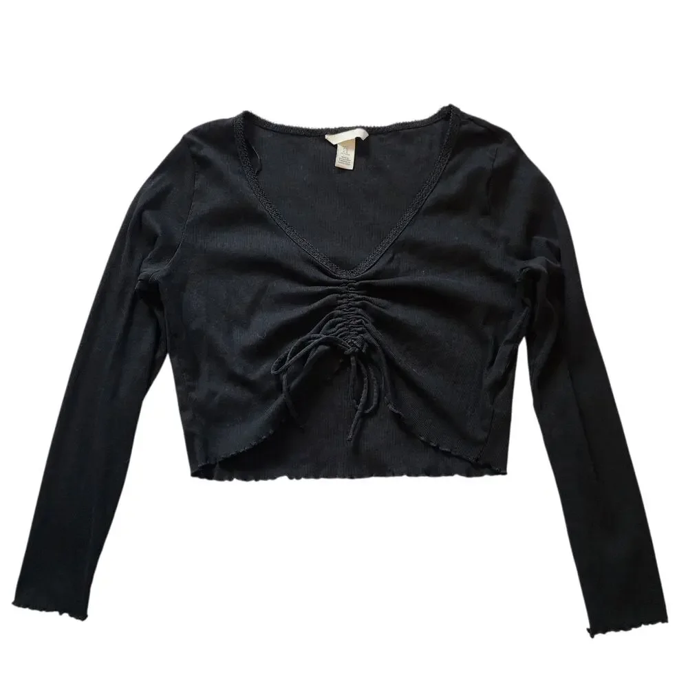 H&M Womens Long Sleeve Crop Top Size XL Black Ruched Drawstring Front Pullover